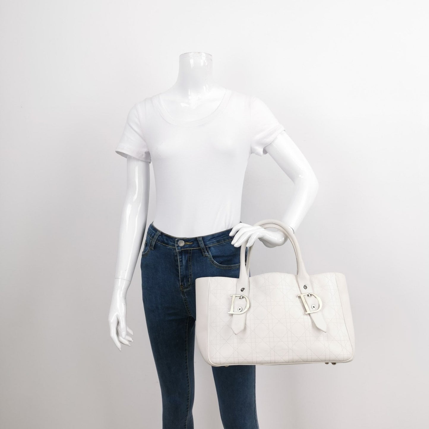 Dior Cannage Leather Tote Bag White 2005 with Silver Hardware