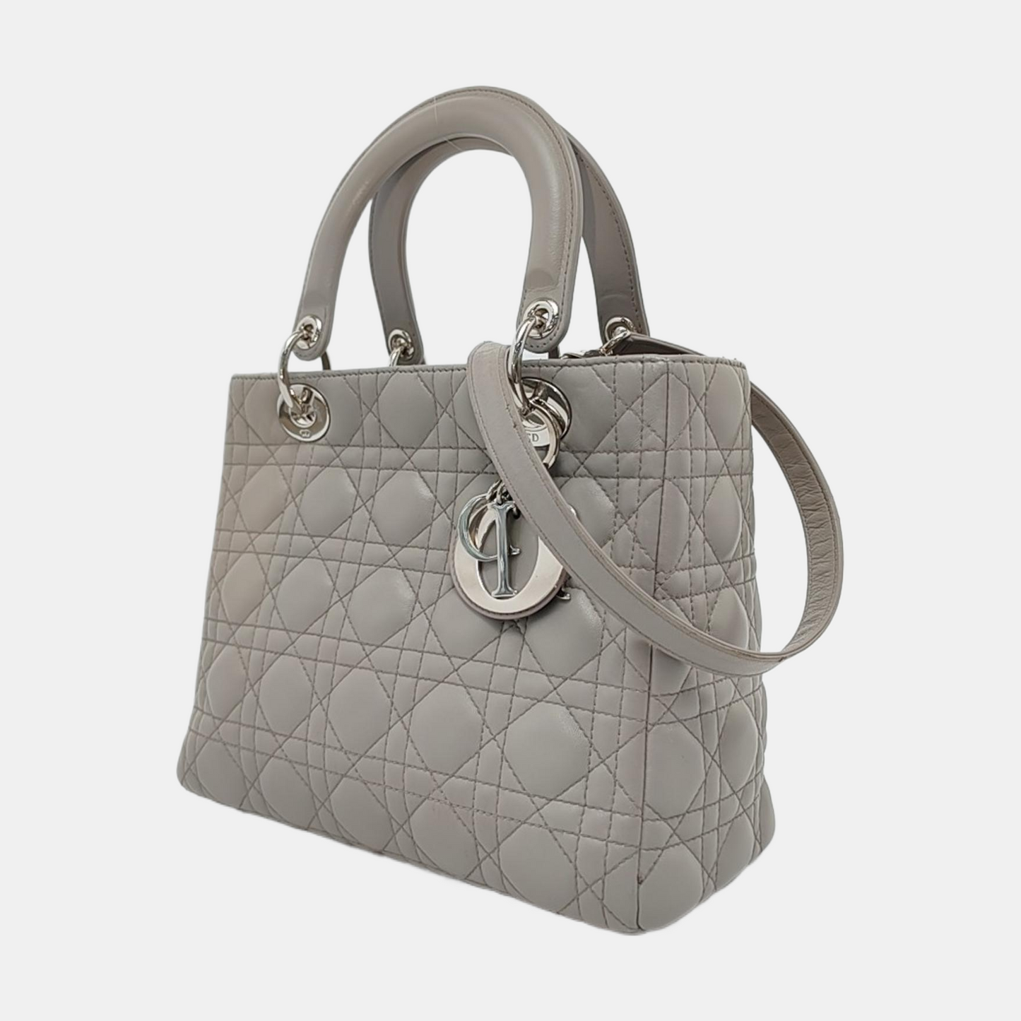 Lady Dior Medium Grey Lambskin Leather Silver Hardware Leather Strap