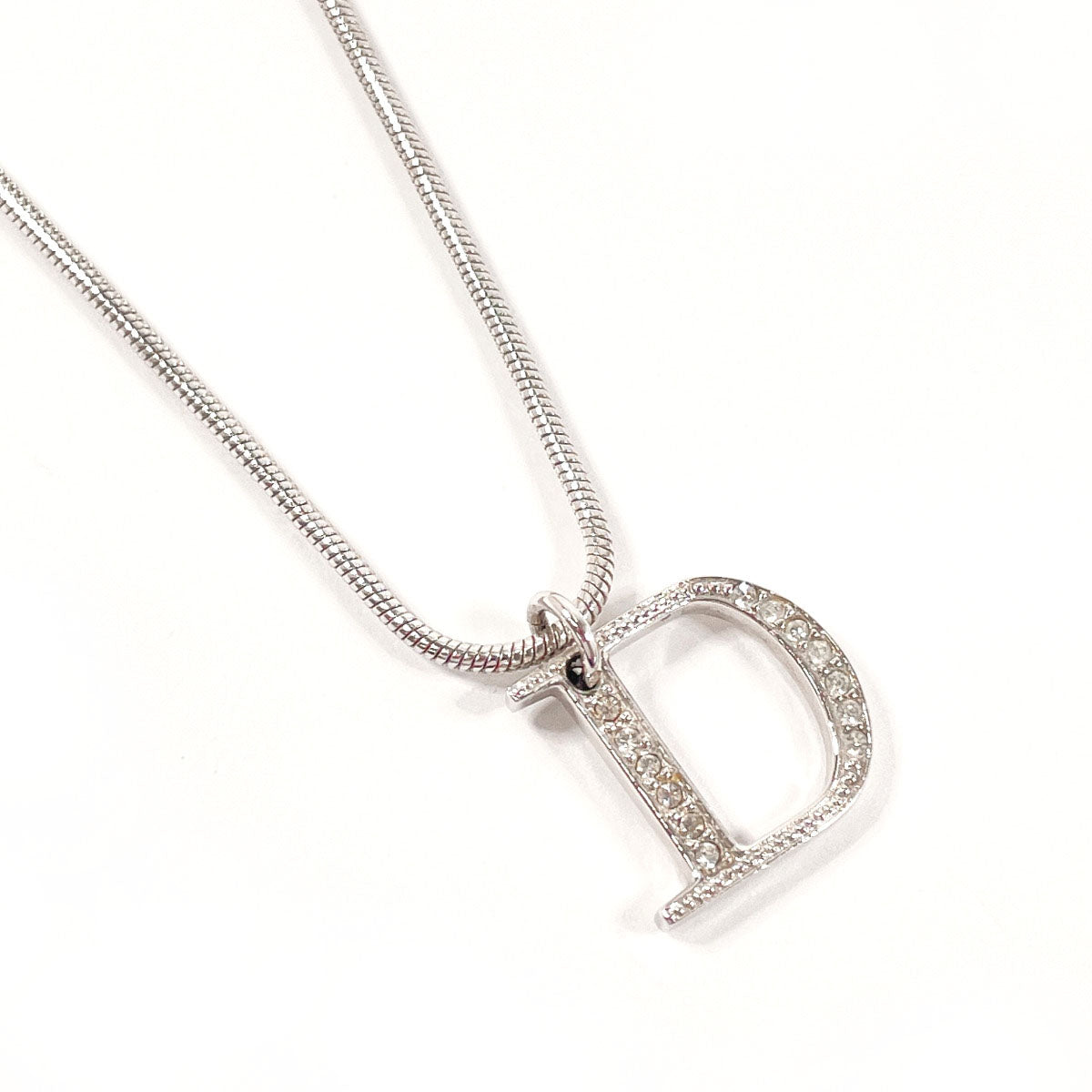 Christian Dior Necklace Metal, Rhinestone Silver D logo