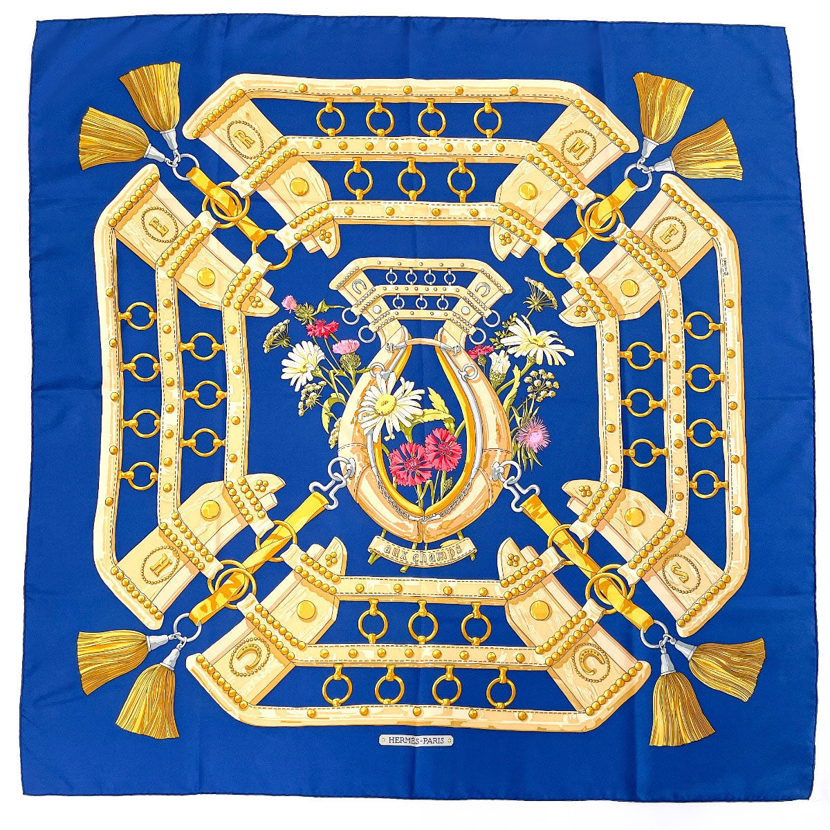 HERMES scarf Silk, 100% silk blue AUX CHAMPS Field Carre 90