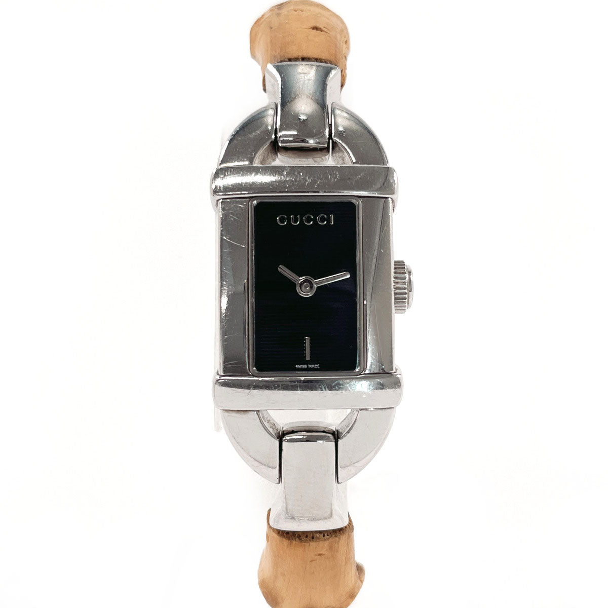 GUCCI Watches Quartz 6800L Stainless Steel Silver Bamboo bangle watch black dial