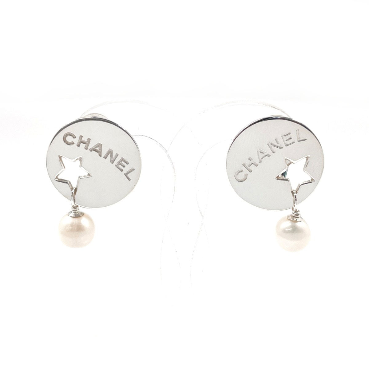 CHANEL Earring Silver925, fake pearl Silver Star Round plate logo