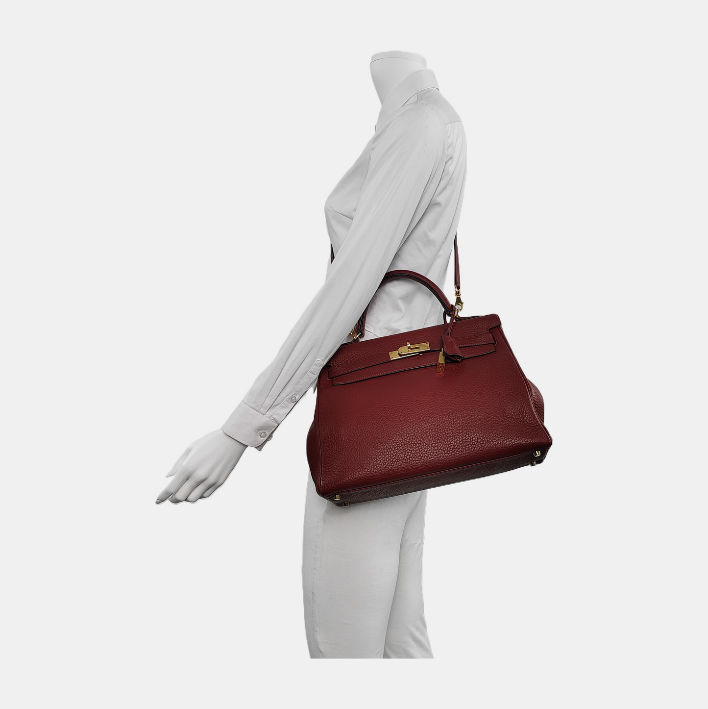 Hermes Kelly 32 Retourne Rouge H Burgundy Clemence Leather Double Ring Gold HW 2004