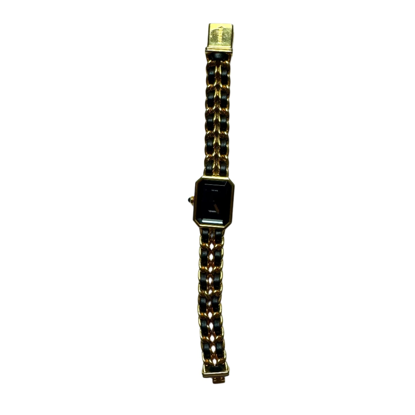 CHANEL 1987 Vintage PREMIERE Watch L Black Leather and 24KT Yellow Gold Plated