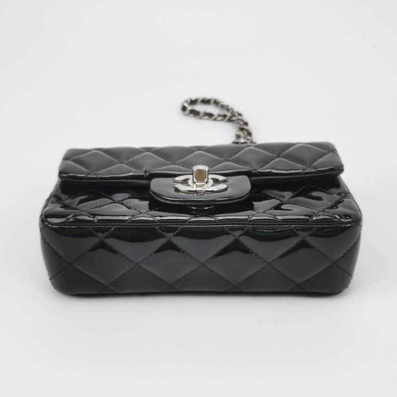 Chanel Classic Flap Rectangular Super Mini Black Patent Leather Silver Hardware