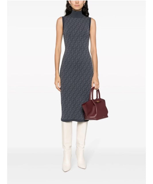 FENDI FF INTARSIA RIBBED KNIT JACQUARD MIDI DRESS
