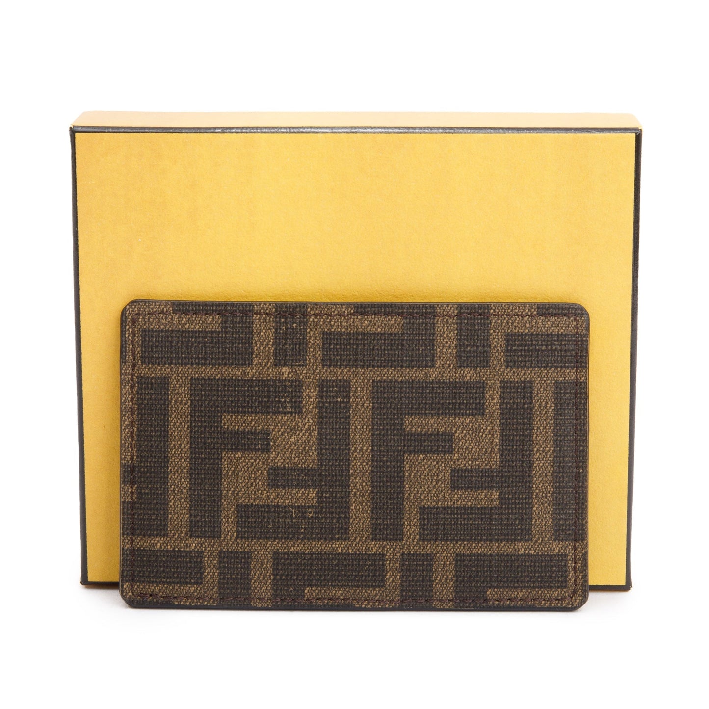 Fendi 2022 Black Leather Brown FF Zucca Canvas Card Case