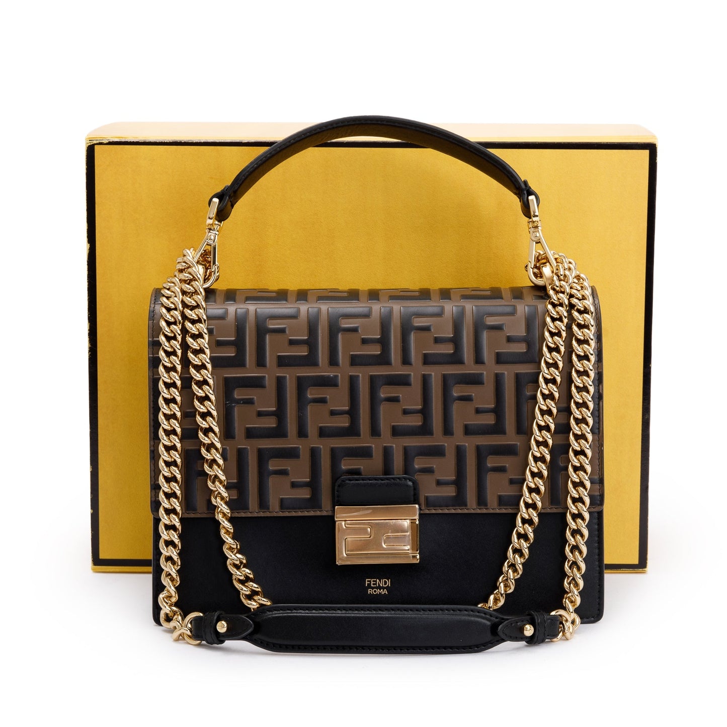 Fendi 2022 FF Embossed & Black Calfskin Leather Kan I Shoulder Bag