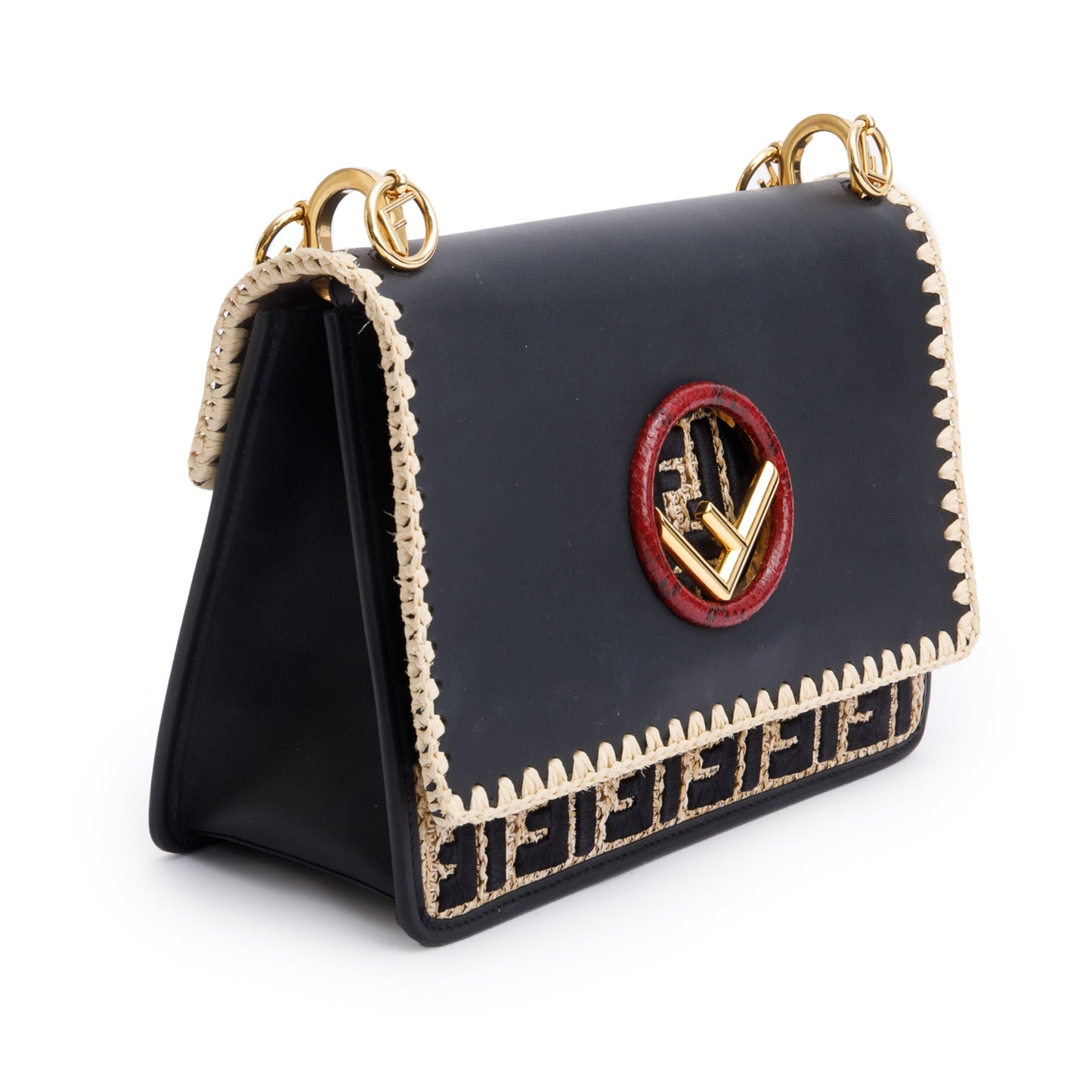 Fendi Black Calfskin Leather Raffia Snakeskin FF Embroidered Medium F is Fendi Kan I Shoulder Bag