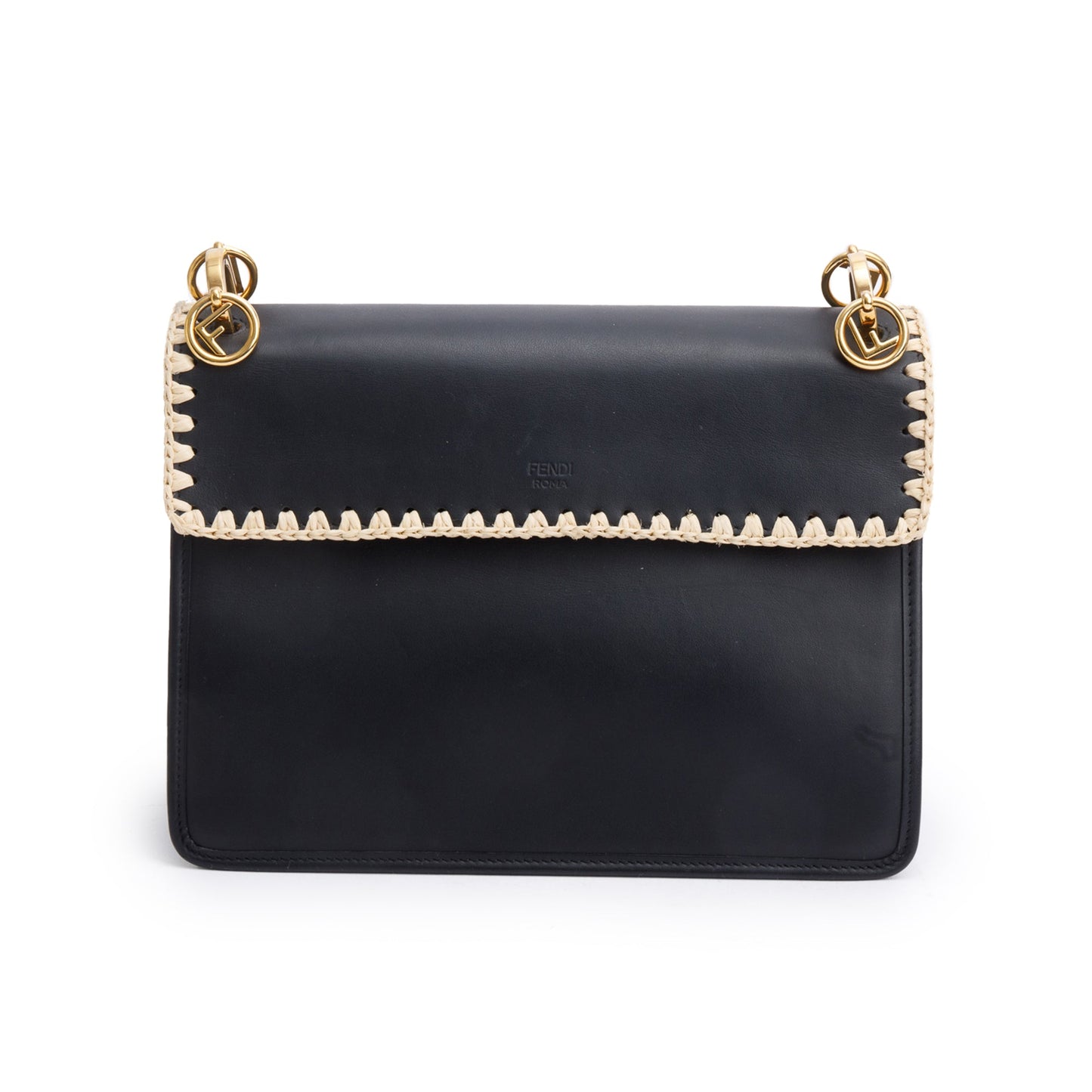Fendi Black Calfskin Leather Raffia Snakeskin FF Embroidered Medium F is Fendi Kan I Shoulder Bag