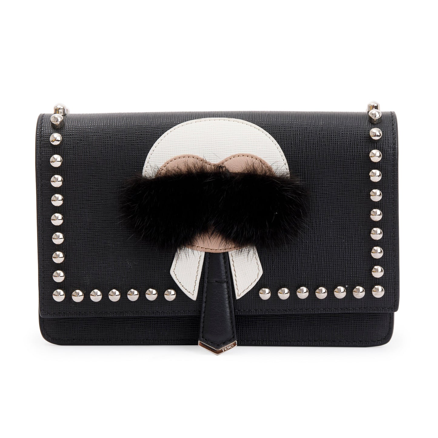 Fendi Black Calfskin Leather Studded Karlito Wallet on Chain