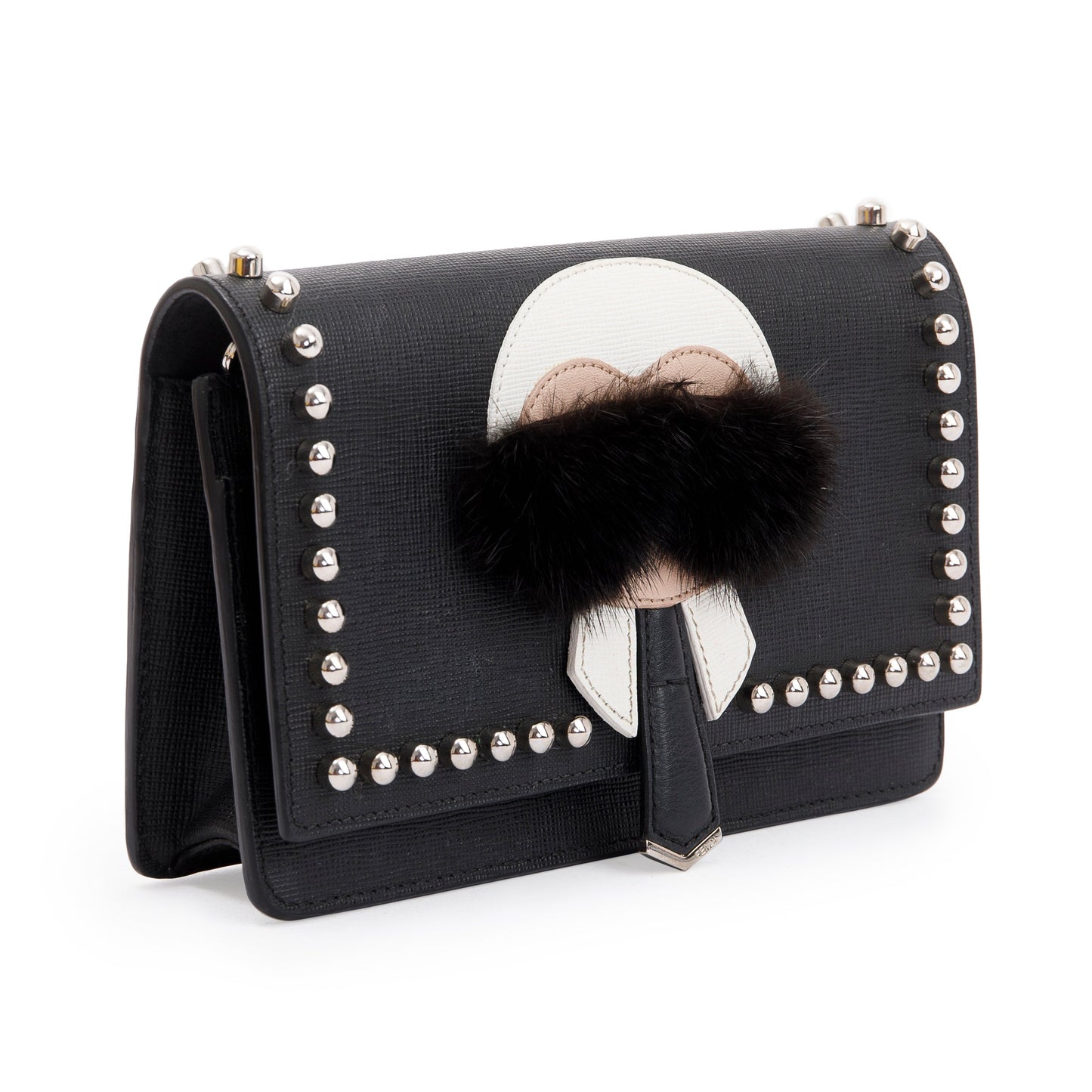 Fendi Black Calfskin Leather Studded Karlito Wallet on Chain