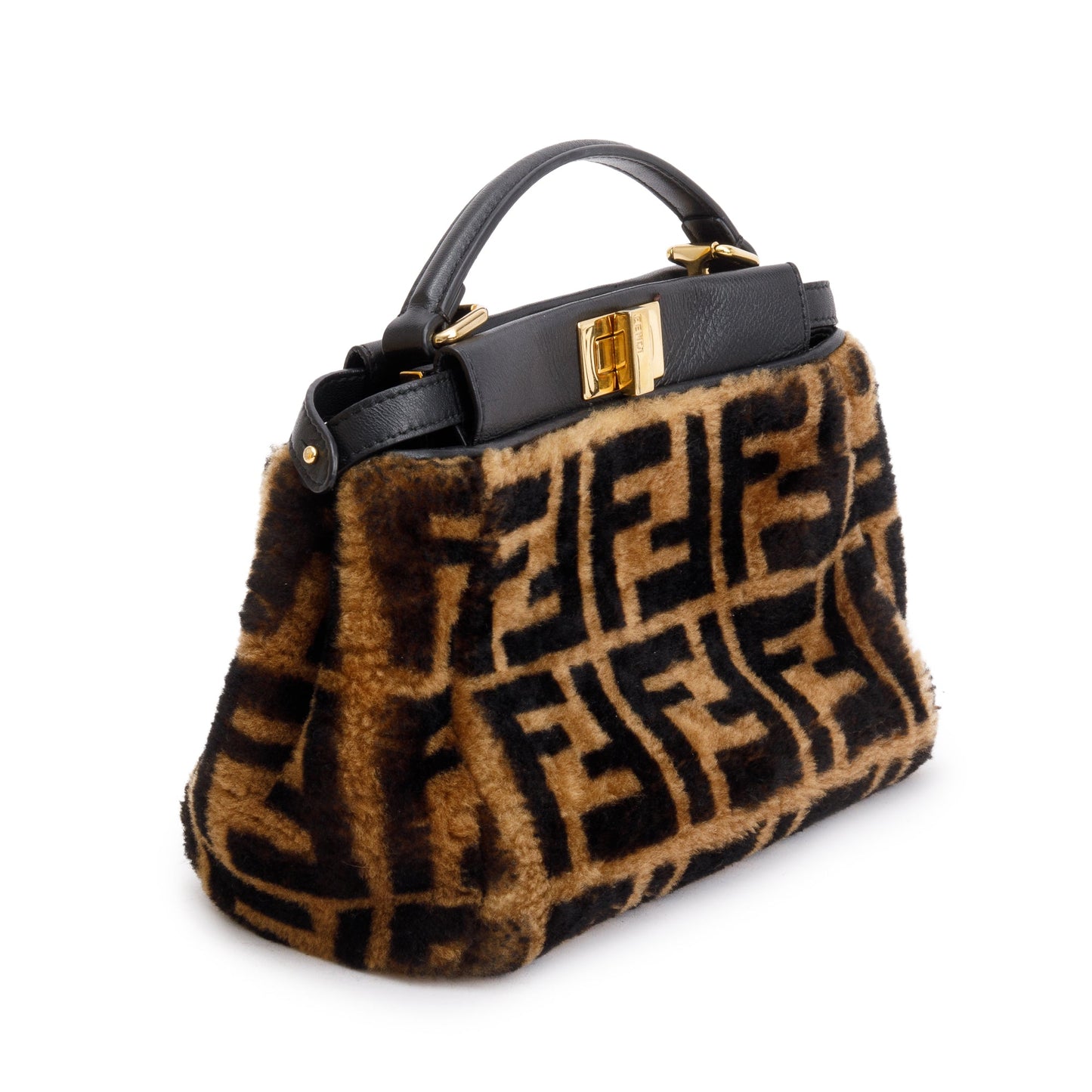 Fendi Black/Brown Shearling Nappa Macro FF 1974 Mini Peekaboo Bag