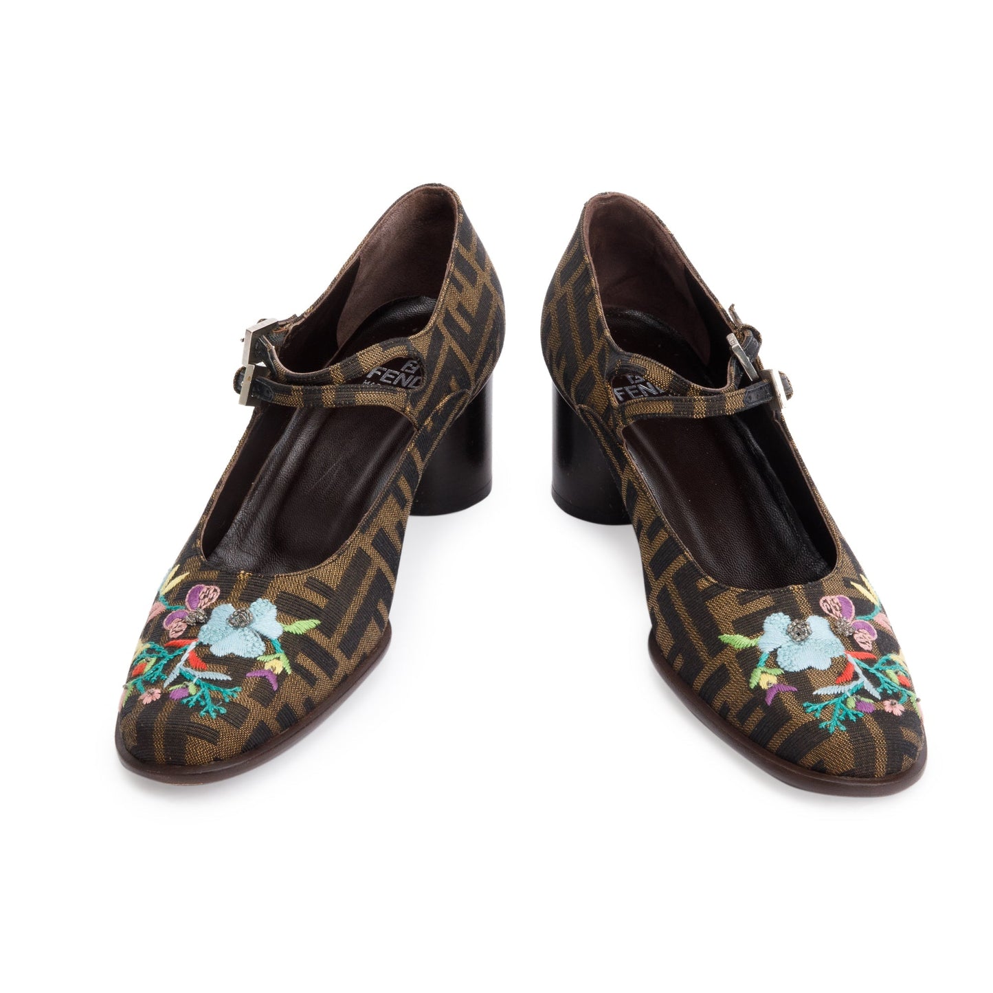 Fendi Embroidered FF Zucca Canvas Mary Jane Pumps, Size 10