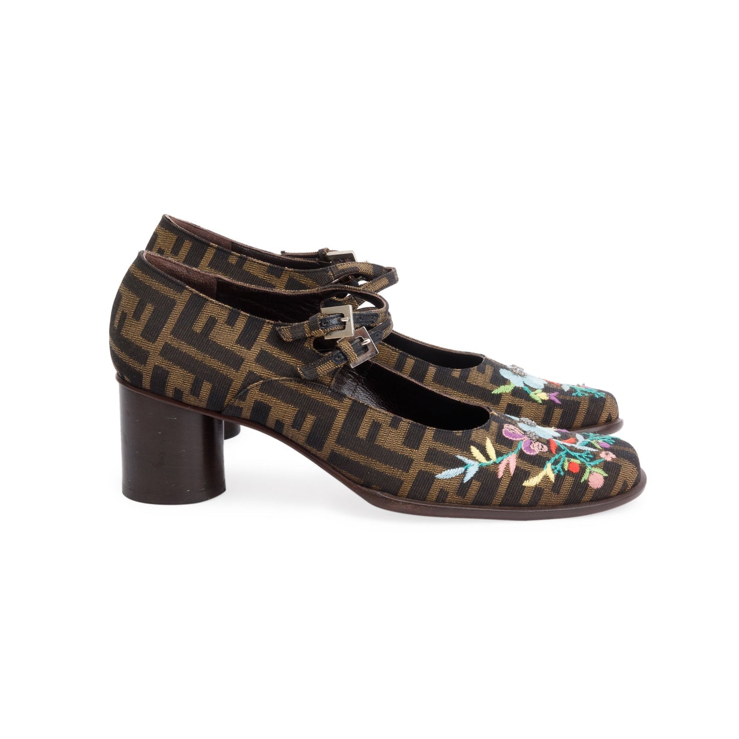 Fendi Embroidered FF Zucca Canvas Mary Jane Pumps, Size 10
