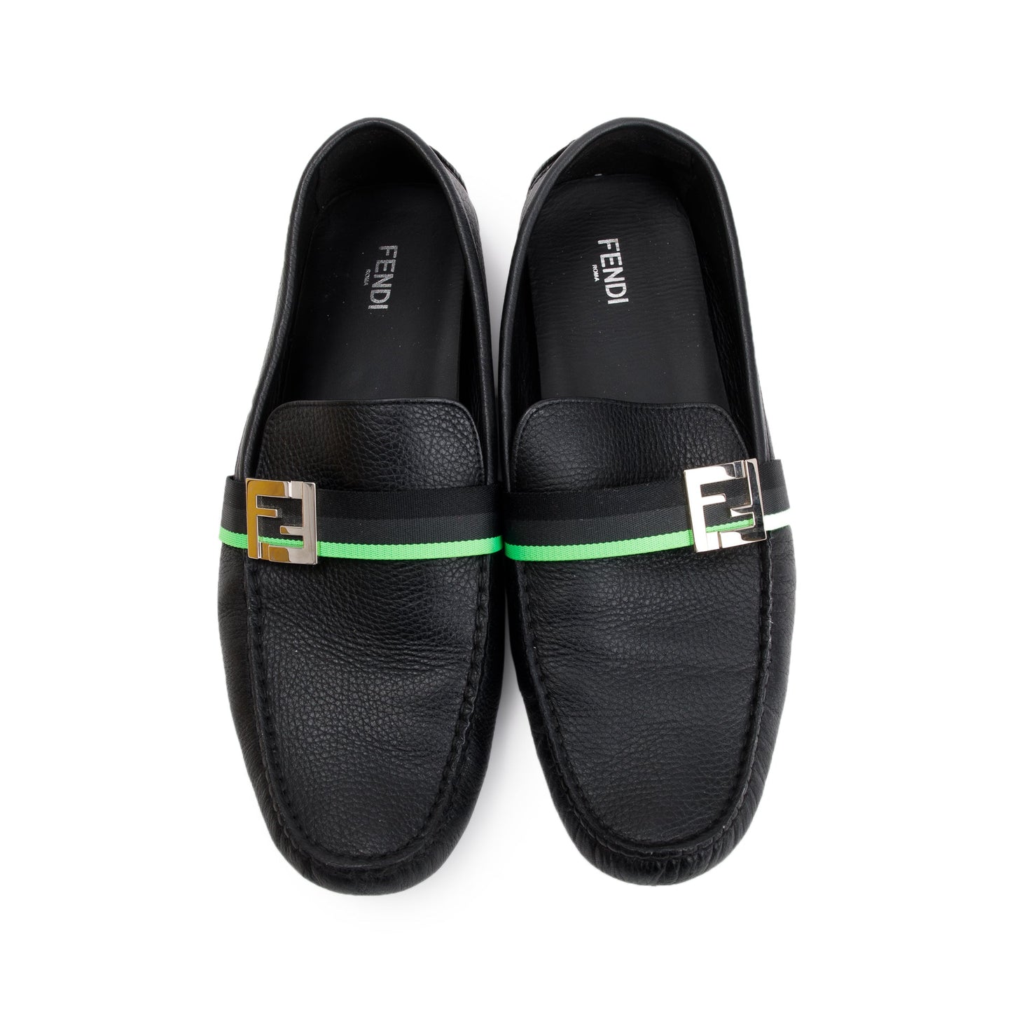 Fendi FF Black Leather Loafers, Size 11