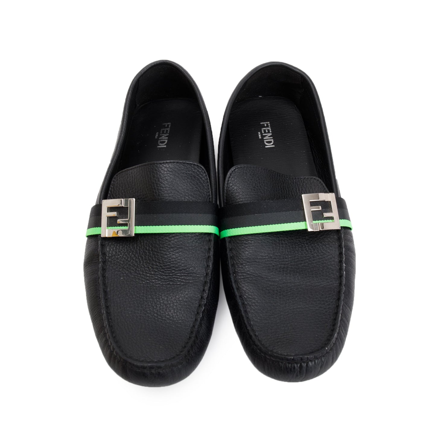 Fendi FF Black Leather Loafers, Size 11