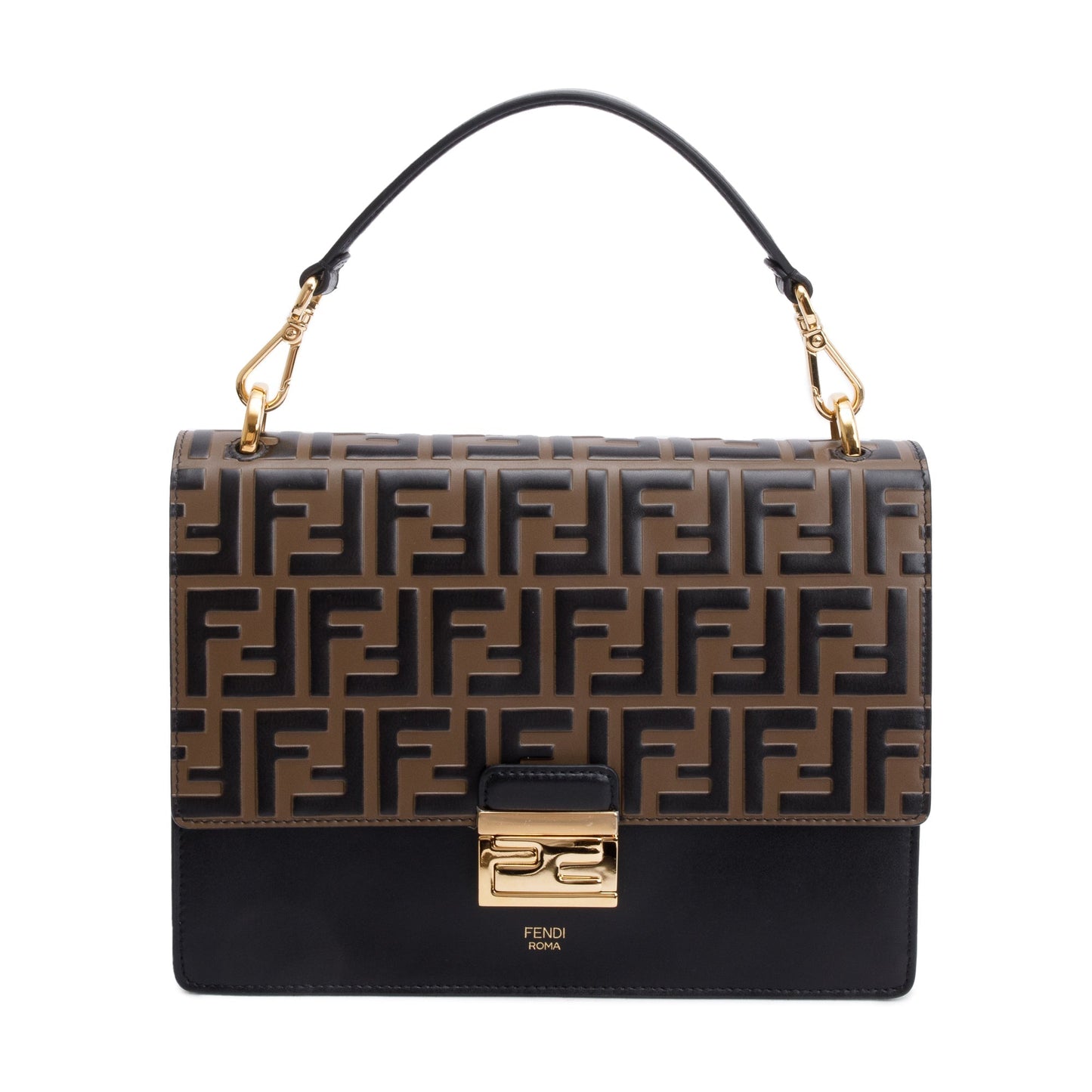 Fendi FF Embossed & Black Calfskin Leather Kan I Shoulder Bag