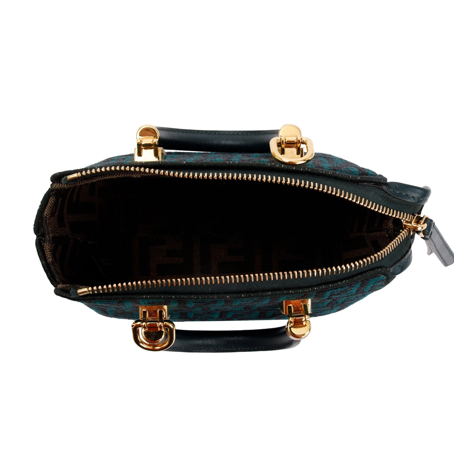 Fendi Green FF Motif Tapestry Fabric By the Way Mini Boston Bag