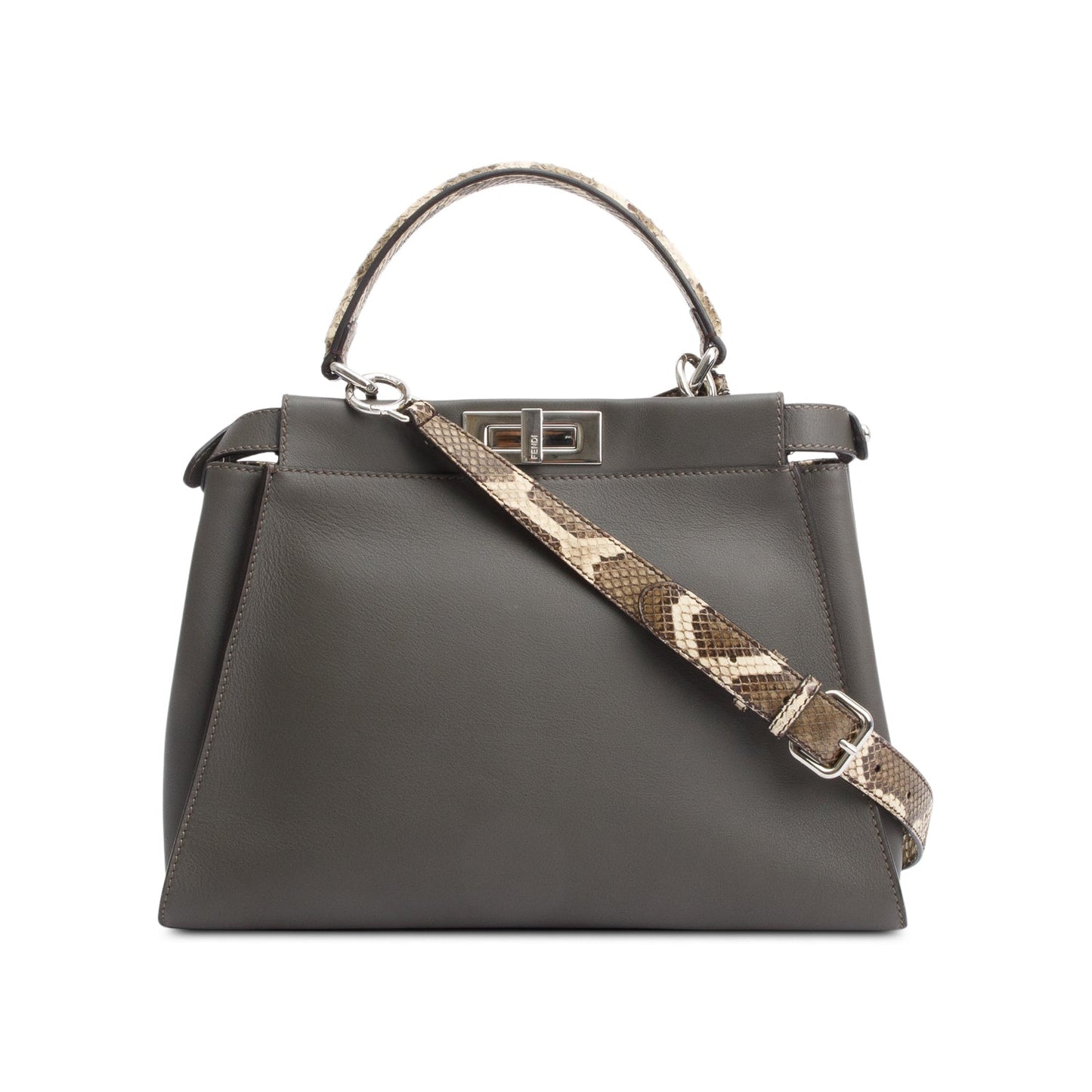 Fendi Grey Calfskin Leather Python Trim Medium Peekaboo Bag