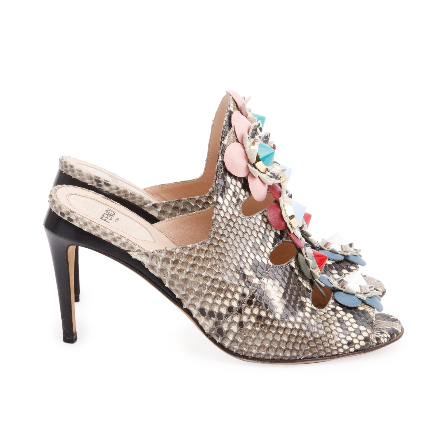 Fendi Grey Python Flowerland Embellished Heeled Slide Sandals, Size 35