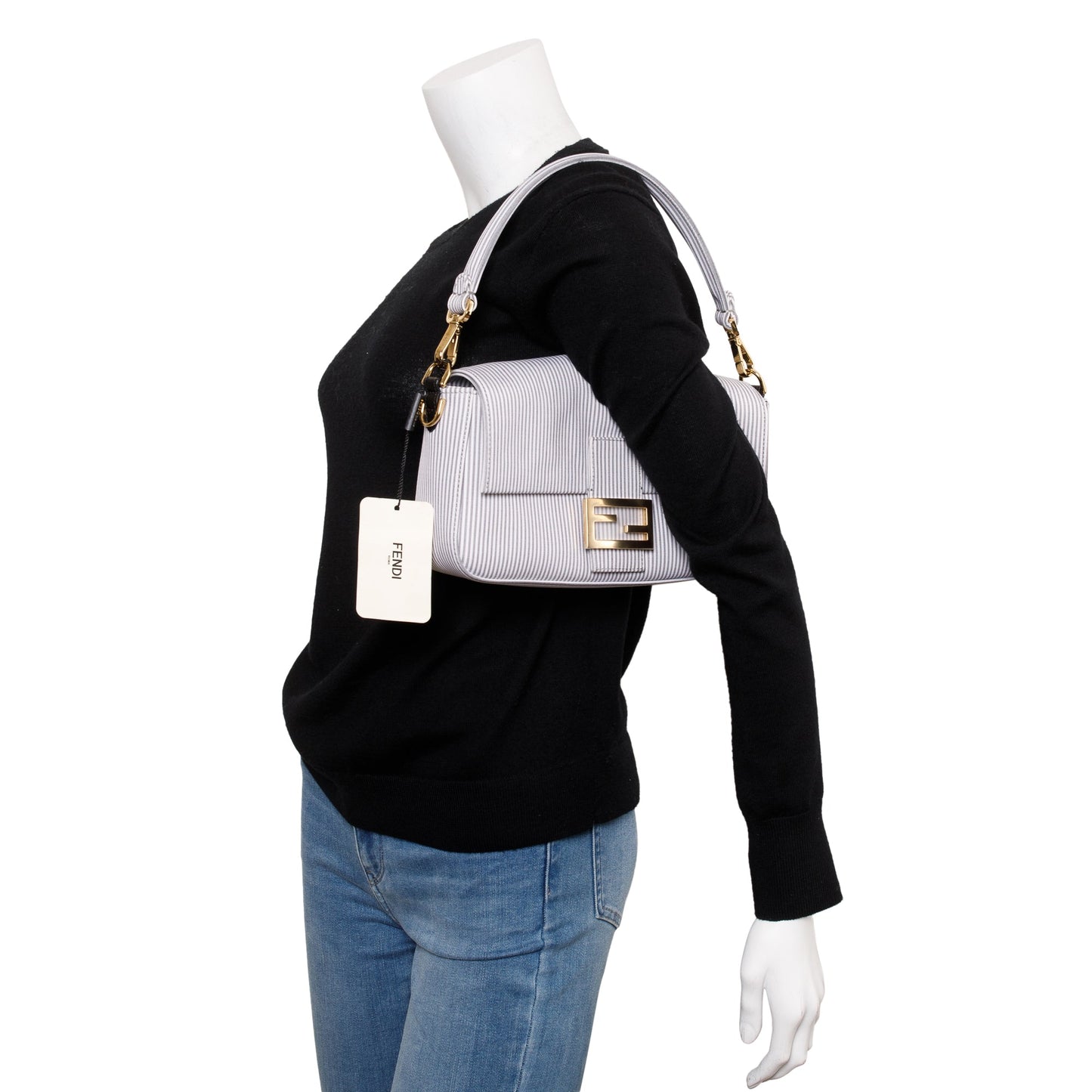 Fendi Grey/White Striped Cotton Cuoio Betagna Baguette Grigio Shoulder Bag