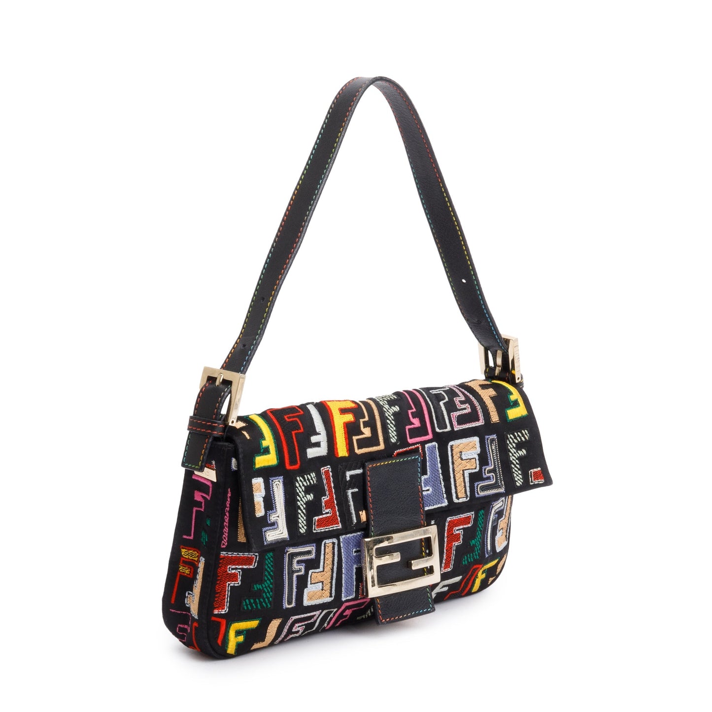 Fendi Multicolor Embroidered FF Zucca Satin Black Leather Trim Baguette Bag