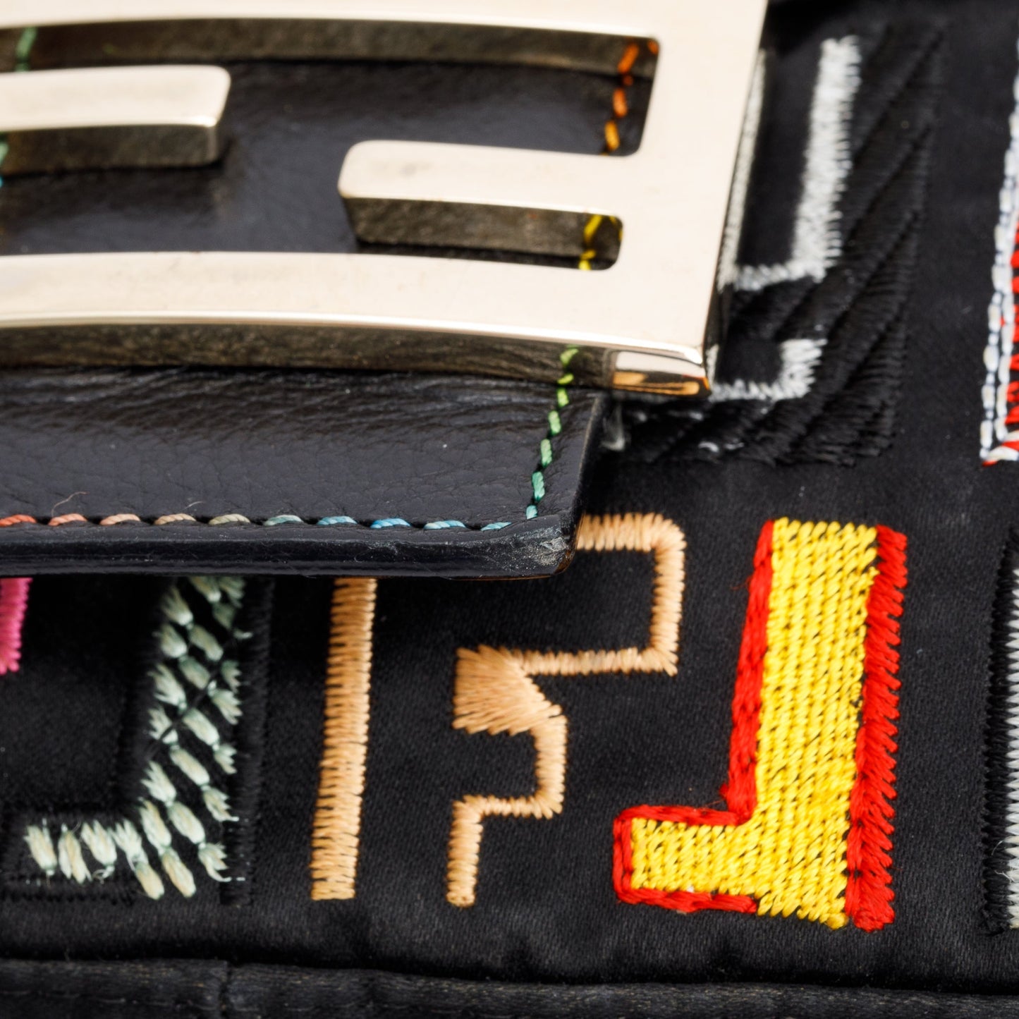 Fendi Multicolor Embroidered FF Zucca Satin Black Leather Trim Baguette Bag