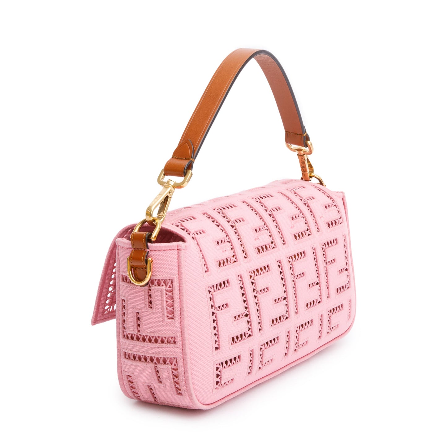 Fendi Pink FF Openwork Embroidered Canvas Medium Baguette Shoulder Bag