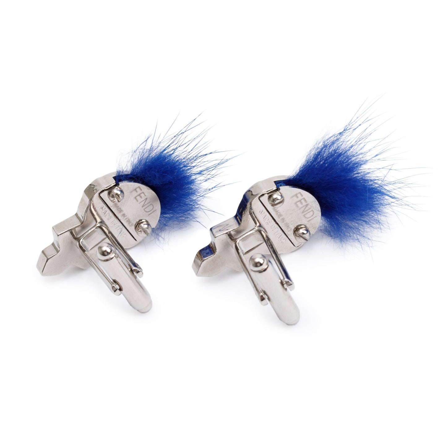 Fendi Silver Metal Blue Fox Fur Karlito Cufflinks