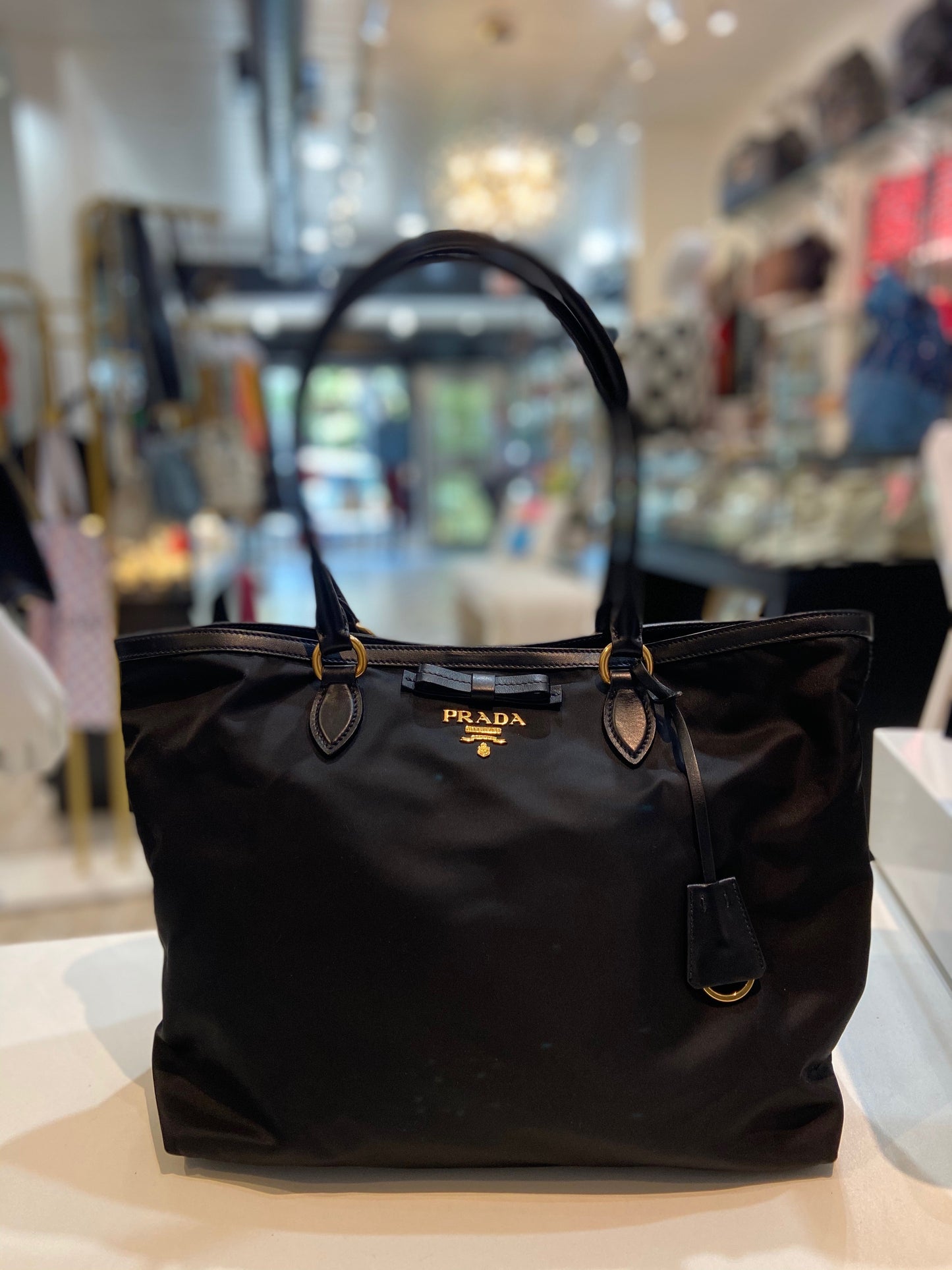 PRADA TESSUTO NYLON & CALFSKIN LEATHER SHOPPING TOTE BAG