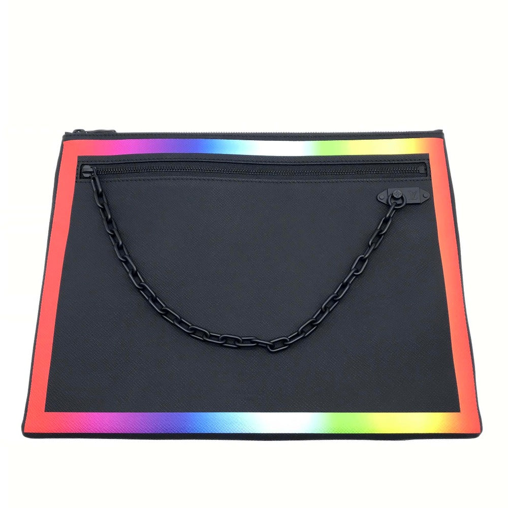 LOUIS VUITTON Clutch bag M30347 Taiga Leather Noir x Rainbow Taiga Pochette A4 Chain