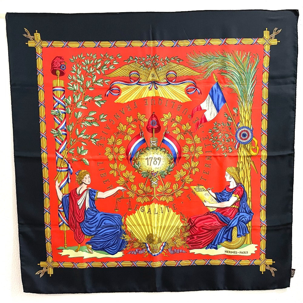 HERMES scarf 100% silk Black x red Carre90 LIBERTE EGALITE FRATERNITE REPUBLIQUE FRANCAISE Women
