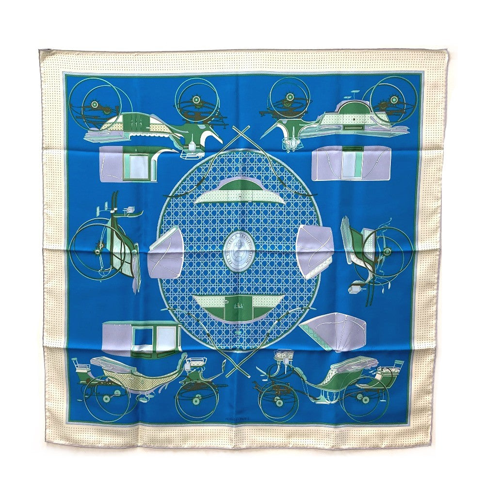 HERMES scarf silk Blue x Green x Ivory LA PERRIERE Carriage Women
