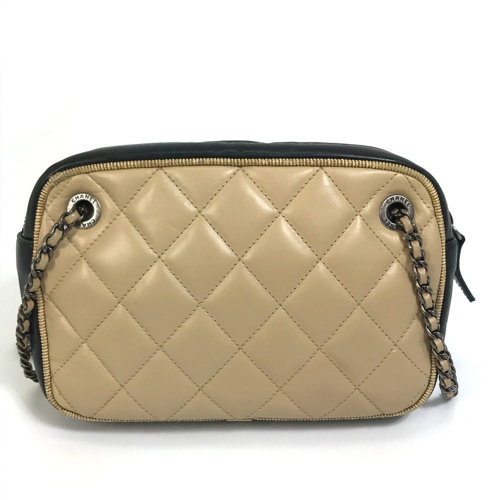 CHANEL Shoulder Bag Calf leather Beige x black CC COCO Mark ballerine Women