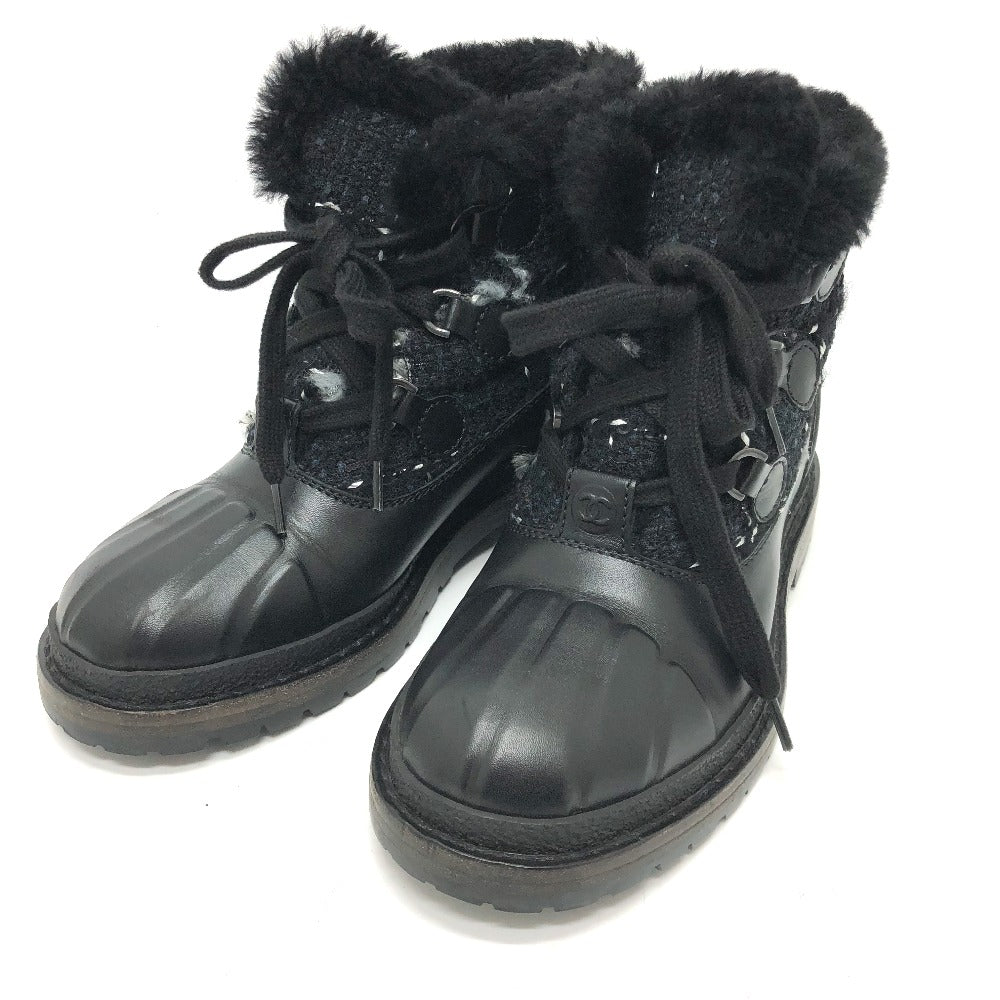 CHANEL boots Leather, Tweed blue COCO Mark short Women 36