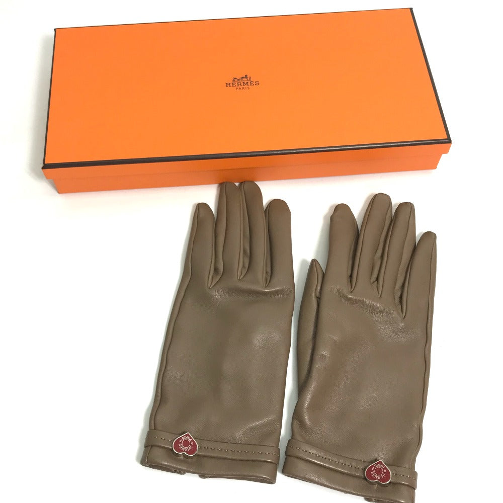 HERMES gloves Lamb leather Gray type heart Dream love Women 6.5
