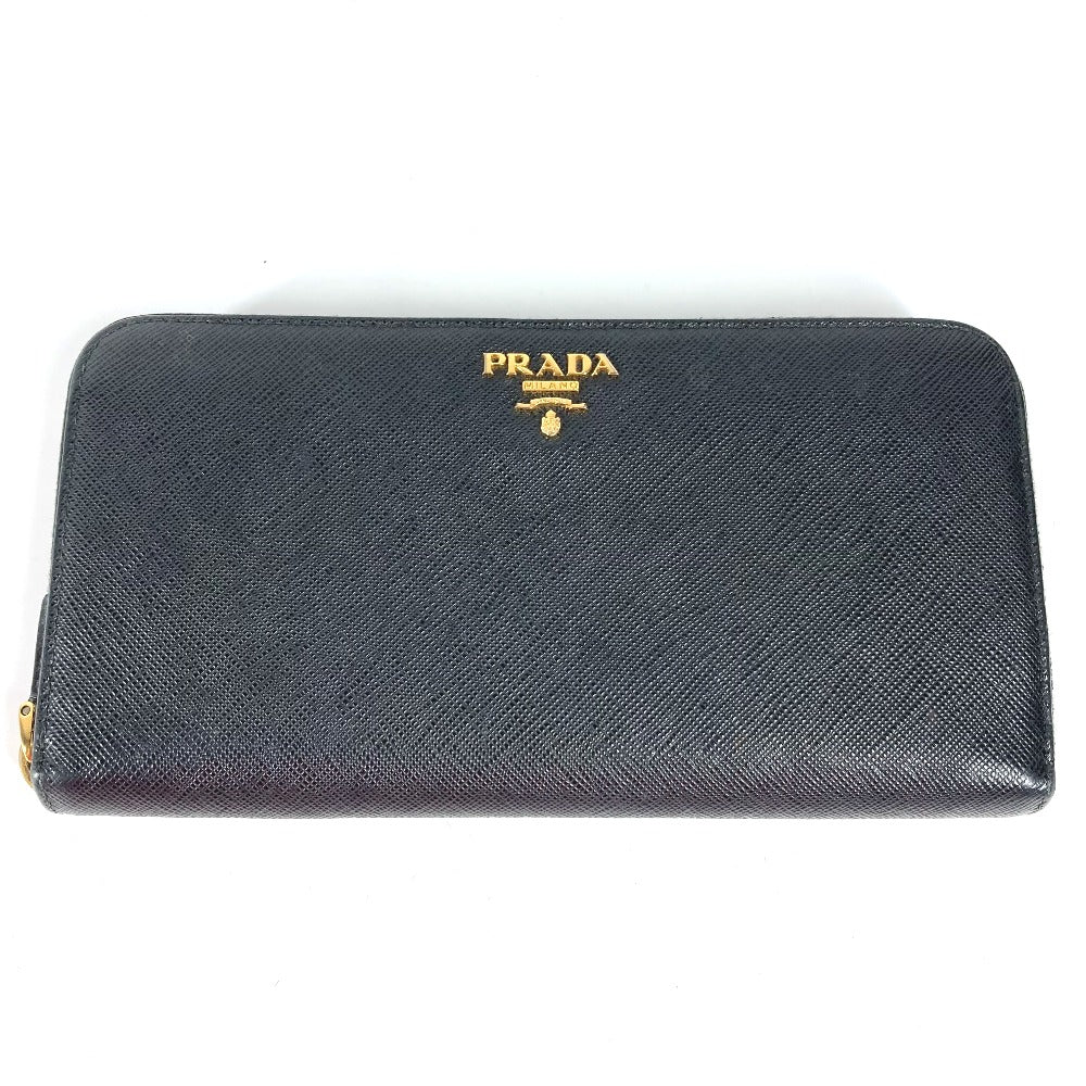 PRADA Long Wallet Purse Safiano leather black logo Zip Around Women