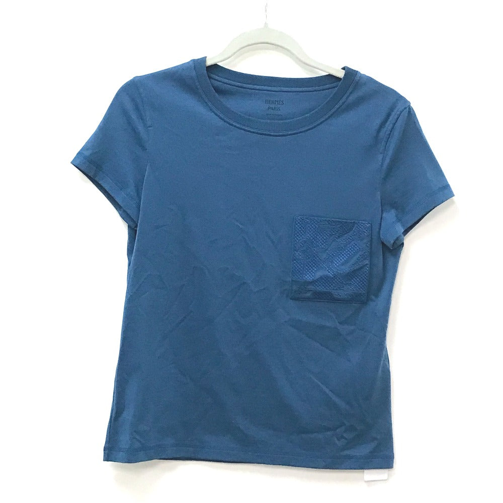 HERMES Short sleeve T-shirt cotton blue apparel tops short sleeves embroidered pocket Women 34