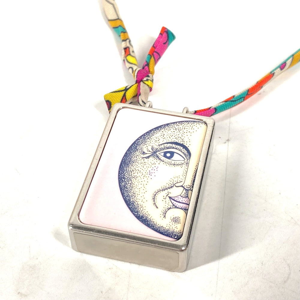 HERMES Necklace Metal, Silk Silver Bote a Reve Moon Motif Pill Case Women