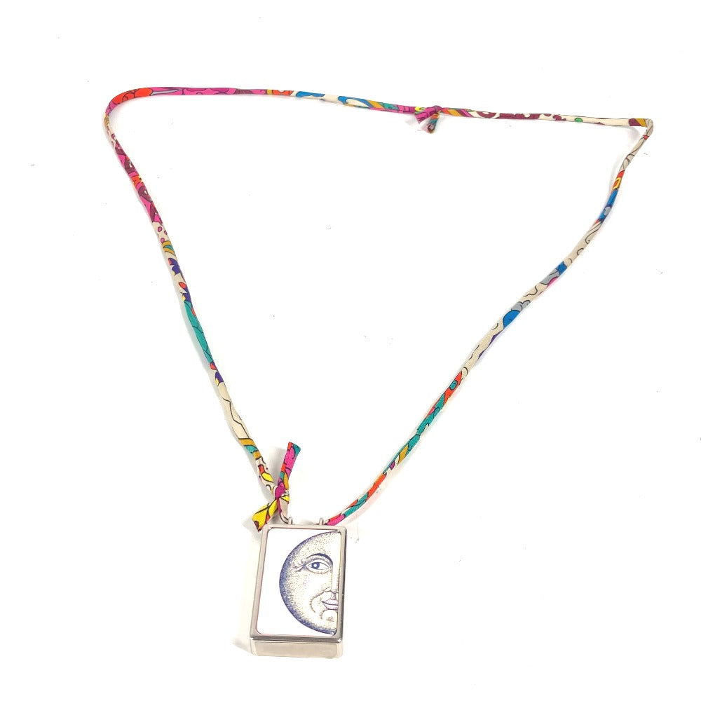 HERMES Necklace Metal, Silk Silver Bote a Reve Moon Motif Pill Case Women