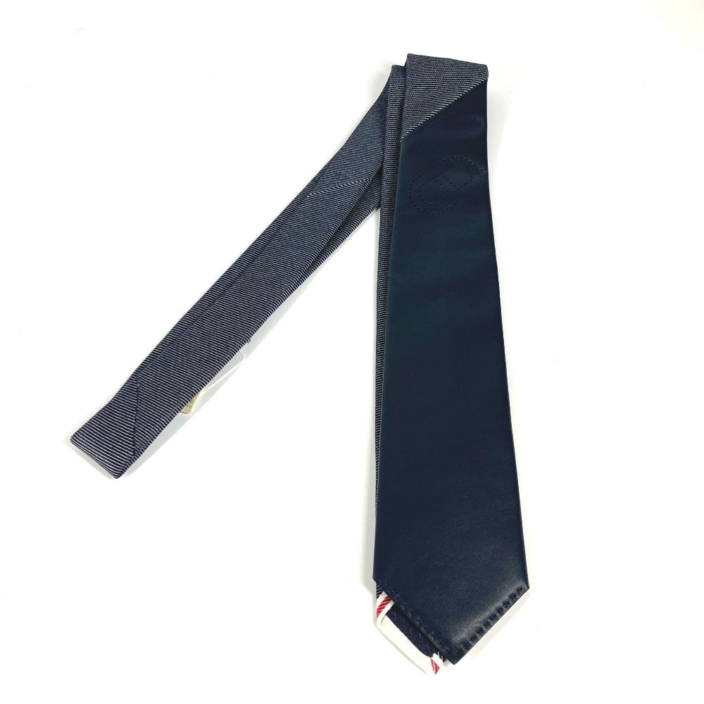 HERMES tie Cotton, Leather Navy denim Maillon tie with leather details mens