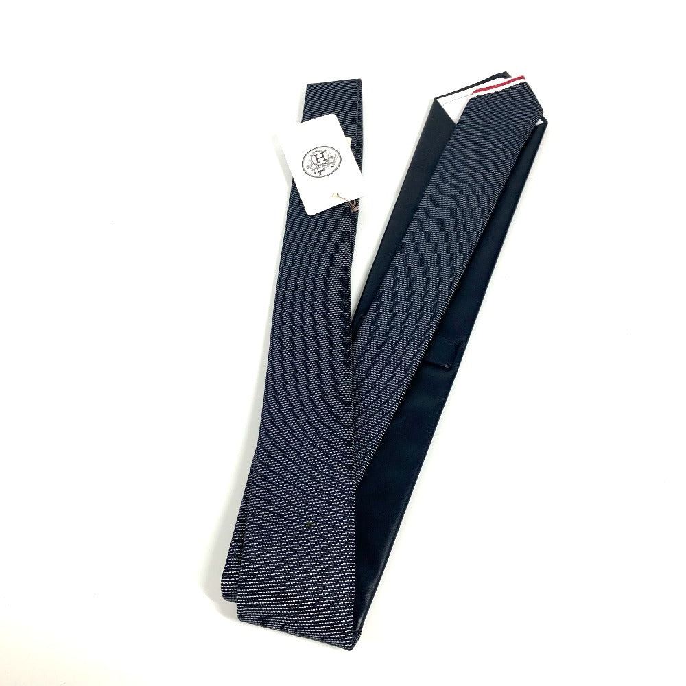 HERMES tie Cotton, Leather Navy denim Maillon tie with leather details mens