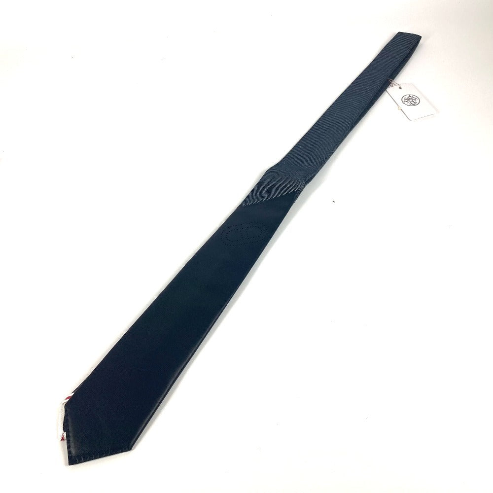 HERMES tie Cotton, Leather Navy denim Maillon tie with leather details mens
