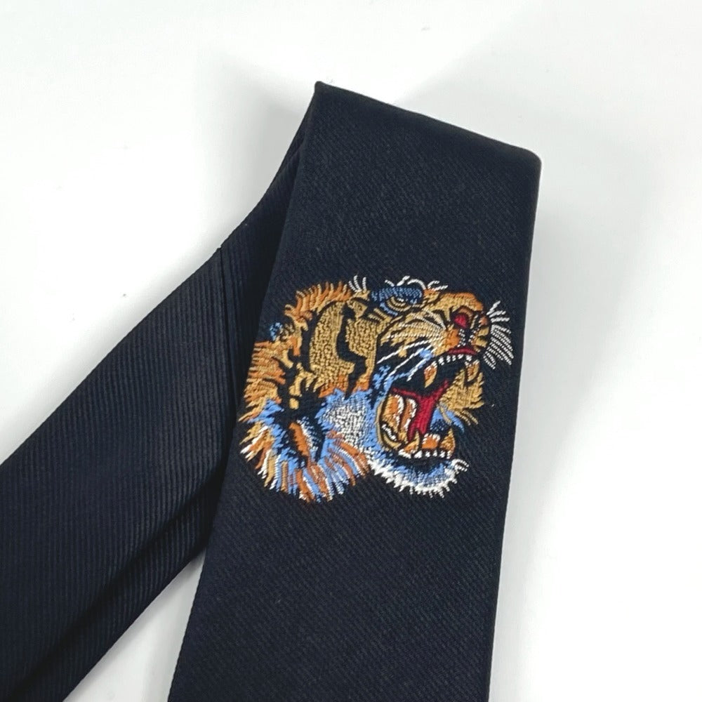 GUCCI tie silk black tiger embroidery