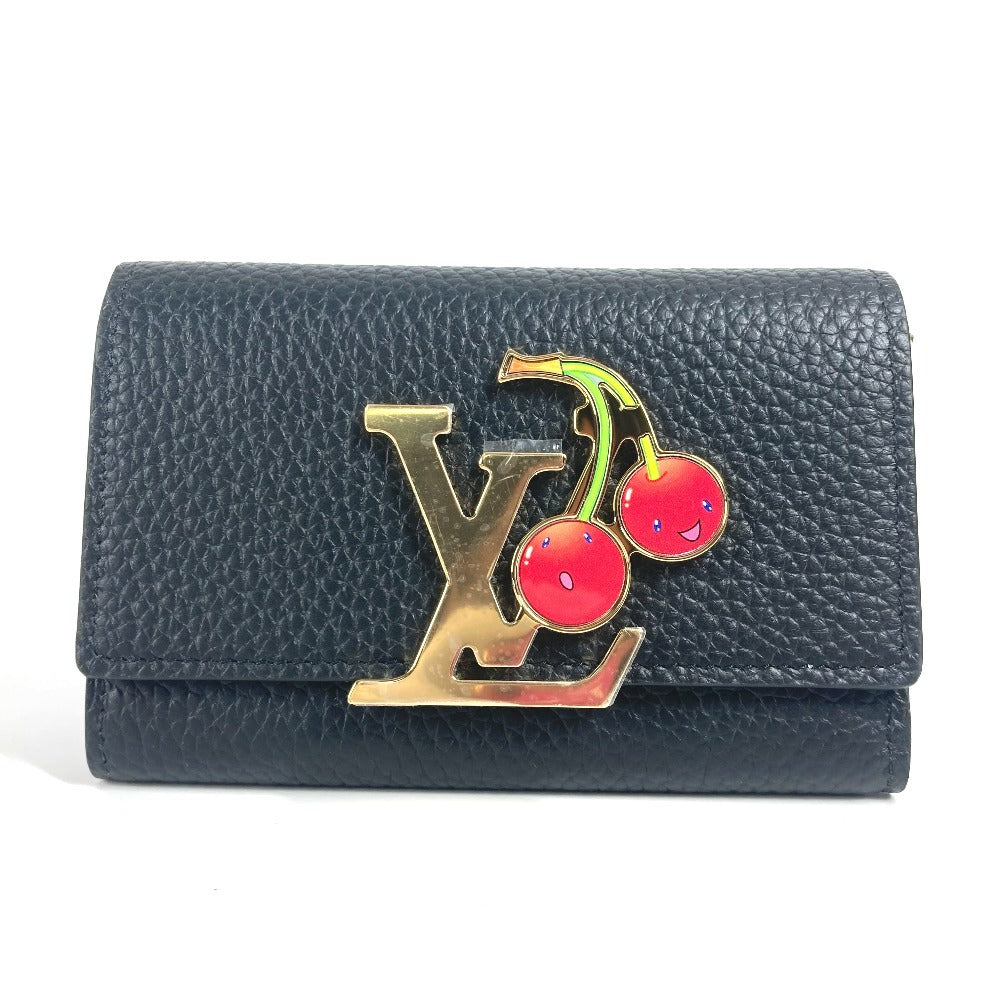 LOUIS VUITTON Trifold wallet M22889 Taurillon Clemence Leather black Takashi Murakami Cherry LV Ã TM Portefeuille Capucines Compact