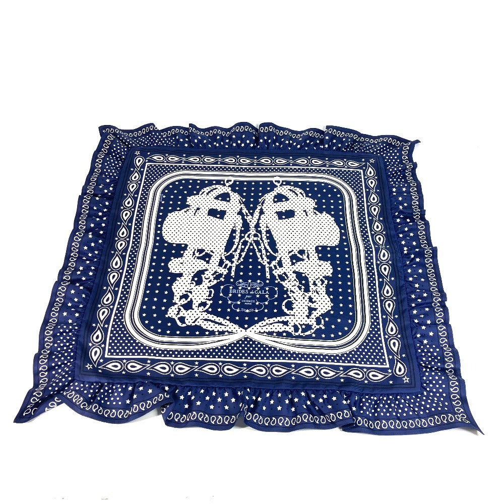 HERMES scarf silk Navy Carre70 Frill BRIDES DE GALA A POIS