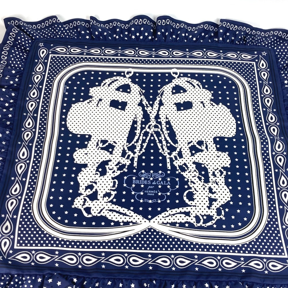 HERMES scarf silk Navy Carre70 Frill BRIDES DE GALA A POIS