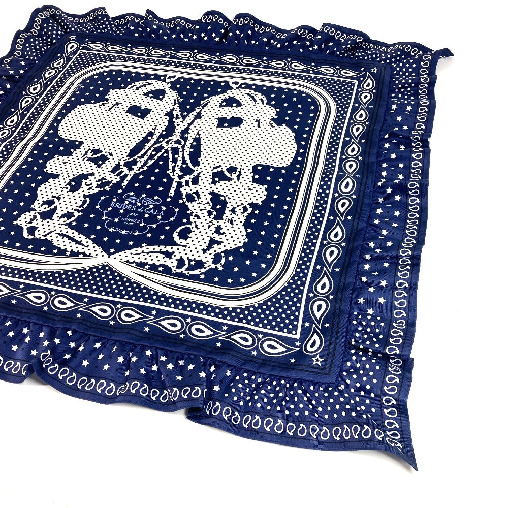 HERMES scarf silk Navy Carre70 Frill BRIDES DE GALA A POIS