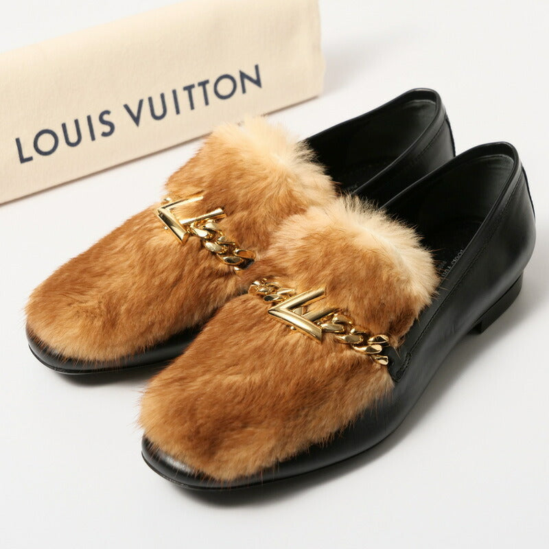 LOUIS VUITTON loafers Genuine Leather Black/Light Brown/Gold Women 37